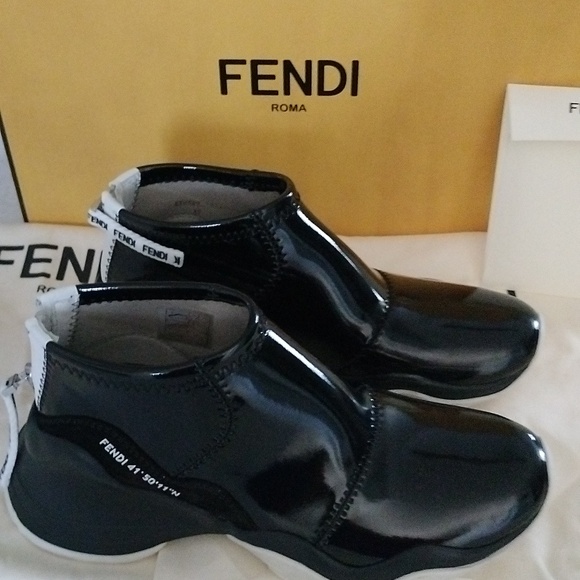 Fendi Black Glossed Neoprene Zip Sneakers Size 5.5/36 - Picture 4 of 16